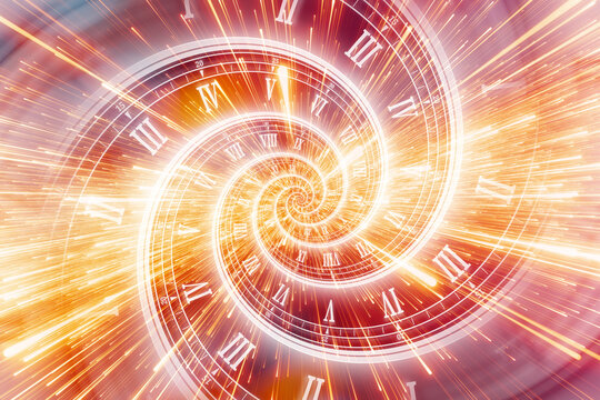 Abstract time spiral with glowing neon light trails. Concept of Infinite time, deadline, scheduling, time and space, time travel, relativity, future technology, past, present and future.