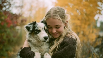 Obraz premium Girl hugging dog in autumn forest setting