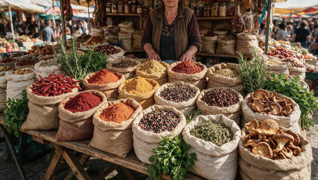 Woman stands behind vibrant spice display at bustling market stall. Colorful sacks hold dried herbs, peppers, and aromatic powders. Fresh greens and nuts complement the rich, earthy tones