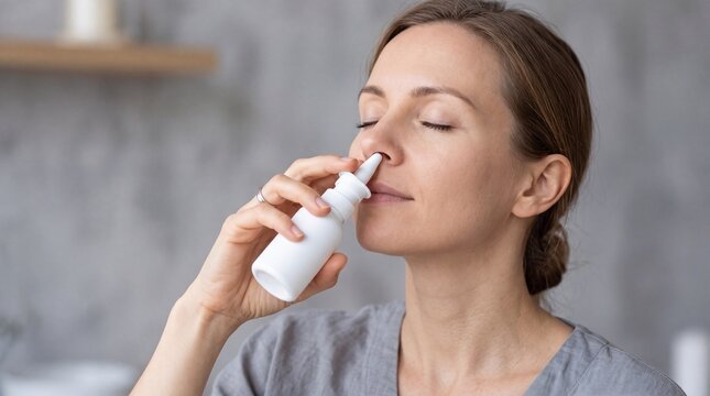 A woman with closed eyes using a white nasal spray bottle to treat sinus congestion or ad social media download thambnail poster web template event festival 2026 2027 2028