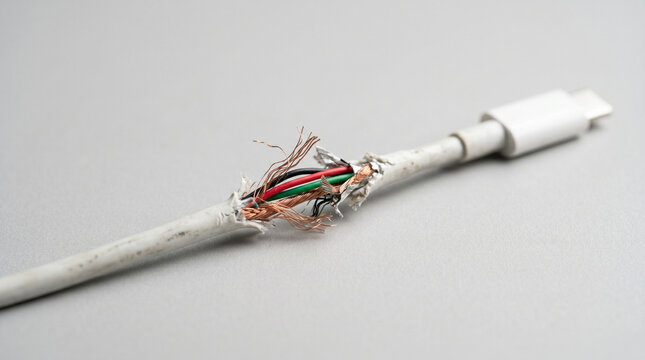 Damaged charging cable with exposed wires and broken connector  