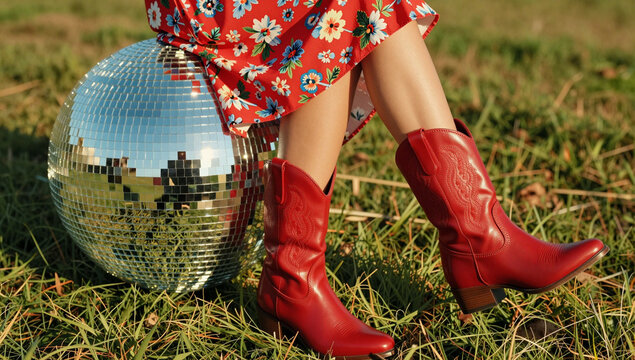 A person in red boots and a floral skirt sits on grass next to a disco ball.