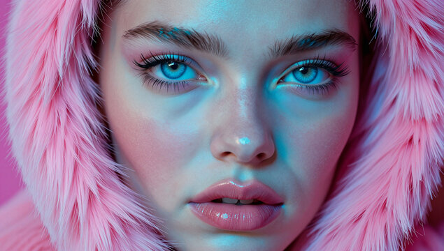 A close-up portrait of a person with striking blue eyes and pink fur hood, set against a vibrant pink background.