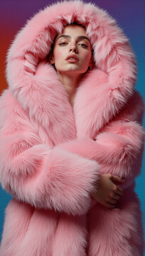 A woman in a fluffy pink fur coat against a blue background.