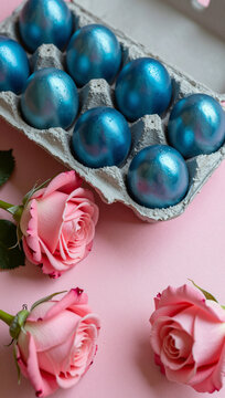Blue spheres on a carton with pink roses in the foreground.