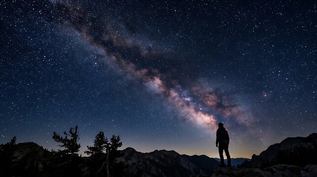 A lonely person standing and looking at the bright milky way galaxy and many stars in the dark night sky above nature
