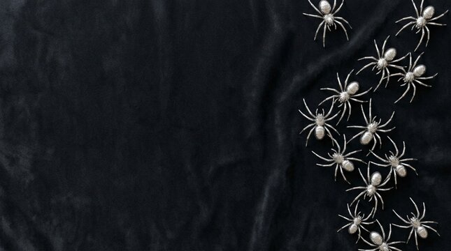 Group of silver decorative spiders on black velvet fabric background with copy space for Halloween theme