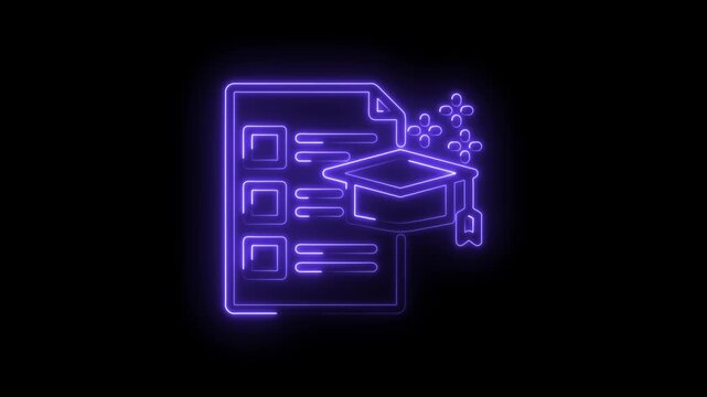 Glowing neon purple graduation cap and checklist icon on black background abstract digital art