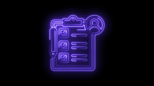 Neon checklist icon with pencil and user profile symbol glowing purple on black background