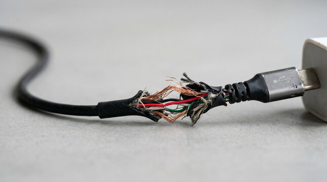Frayed USB cable with exposed wires plugged into charger  