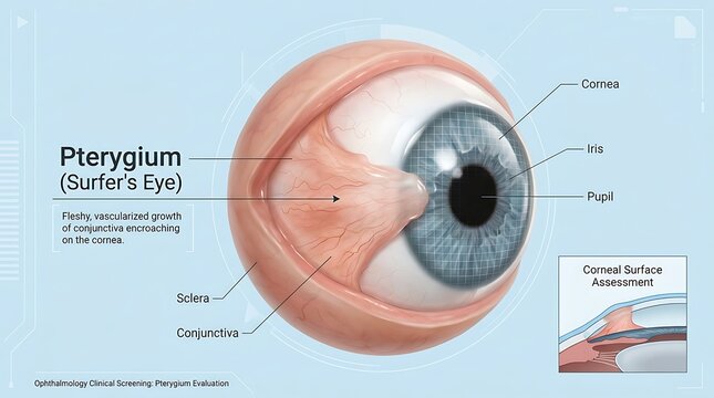 Three dimensional medical illustration of pterygium showing a vascularized growth of the conjunctiva encroaching on the cornea with anatomical labels and surface assessment inset.