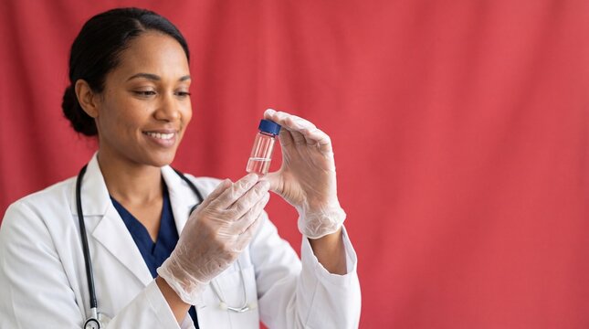 Smiling female doctor in a white lab coat and stethoscope holding a small glass vial with ad social media download thambnail poster web template event festival 2026 2027 2028