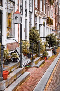 Amsterdam, Netherlands. Autumn street with traditional houses. Flowers in flowerpots, house entrance decoration with natural plants and flowers. Urban landscape.