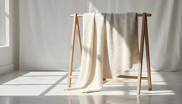 Cream textured waffle weave blanket hanging over a wooden drying rack in a bright sunlit room for cozy minimalist home decor and sustainable lifestyle concept