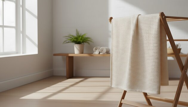 Soft waffle cotton blanket hanging over a wooden drying rack in a bright minimalist room for wellness and eco friendly living concept in warm natural morning sunlight