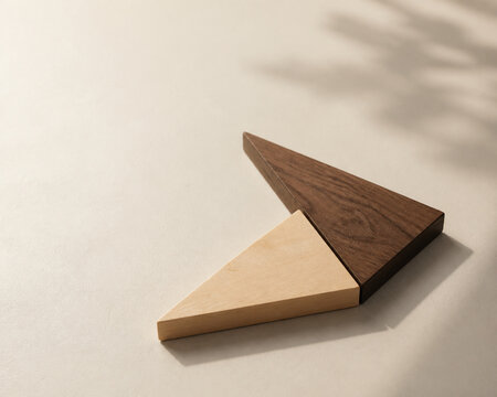 triangles. Light birch and dark walnut wooden triangles in arrowhead arrangement, minimal directional concept, real-estate listings.