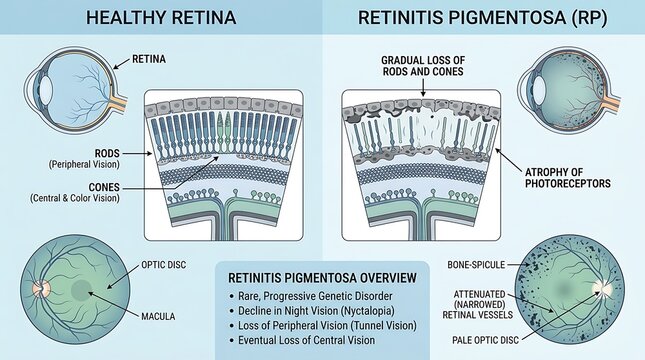 Detailed ophthalmology diagram comparing a healthy eye retina to retinitis pigmentosa, featuring anatomical cross-sections, fundus views of the optic disc and macula, and listed clinical symptoms.