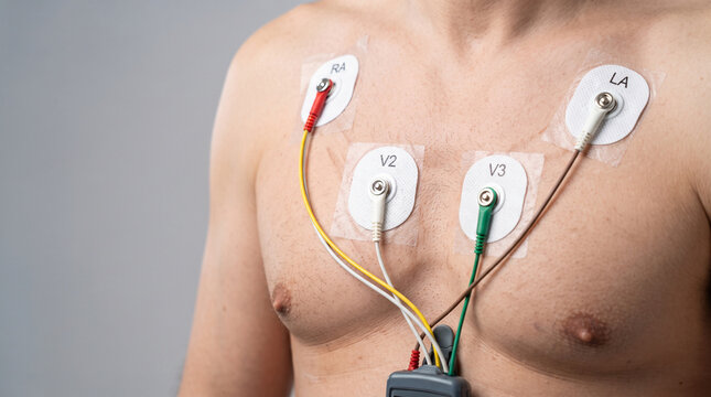 Close up of a man with a bare chest wearing ecg electrodes attached to his skin with ad social media download thambnail poster web template event festival 2026 2027 2028