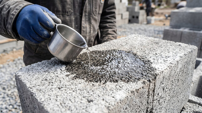 A worker pouring water from a metal cup onto a porous concrete block at a construction site.