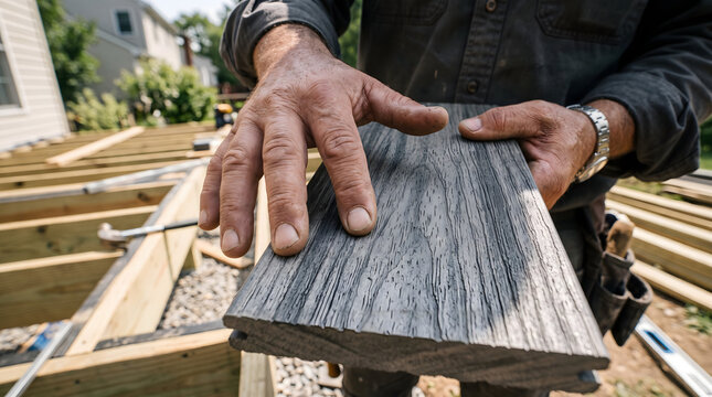Carpenter holding composite decking material for deck construction.