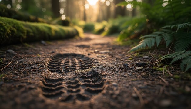 Close up shot of boot prints on forest trail lit by warm sunlight, symbolizing carbon footprint, environmental impact, and adventure journey concept