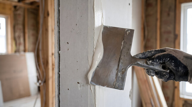 Close up of hand applying drywall mud with trowel.