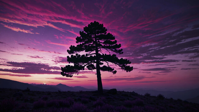A solitary pine tree silhouette against a vibrant purple and magenta sunset sky over mountains