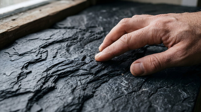 Closeup of a hand touching a textured dark stone surface.