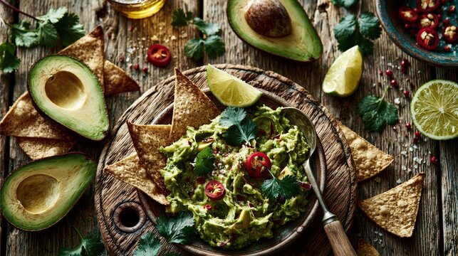 Freshly prepared avocado dip with tortilla chips and lime wedges arranged on a rustic wooden surface.