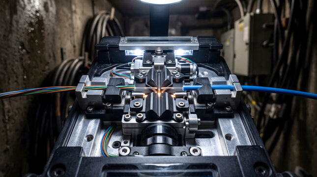 Closeup of advanced fiber optic splicing machine in operation.