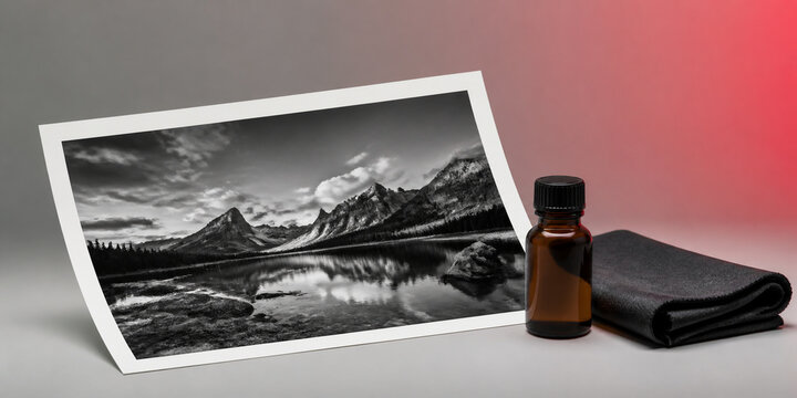 fixer. Black-and-white photographic print with amber bottle and darkroom cloth, meditation and analog art concept, event programs.