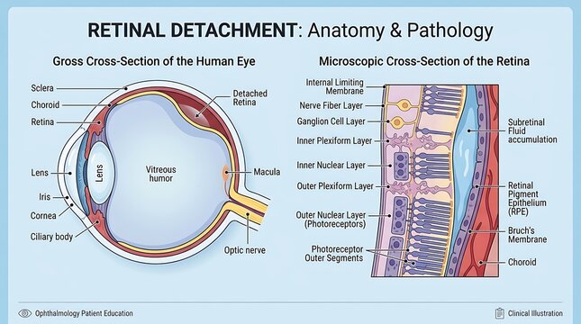 Medical illustration of retinal detachment featuring a gross cross-section of the human eye and a detailed microscopic view of the retina showing fluid accumulation and layer separation.