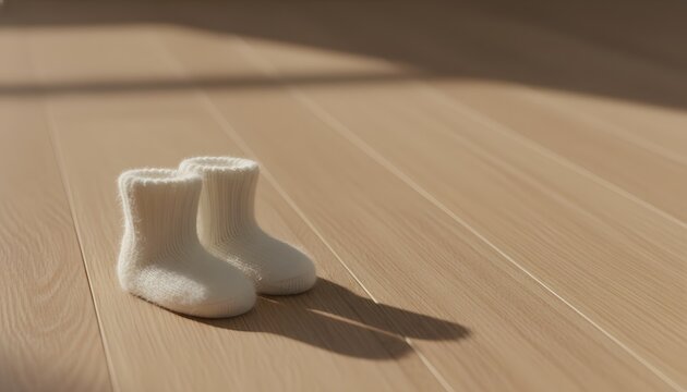 Pair of tiny white knitted baby socks standing on a bright wooden floor casting shadows for newborn pregnancy announcement and parenthood concept in warm natural light