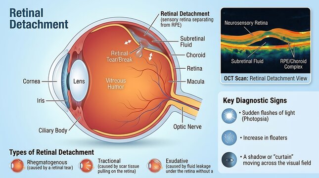 Educational medical infographic on retinal detachment, detailing the anatomy of a retinal break, an OCT scan view, common diagnostic signs like floaters, and the three main types of detachment.