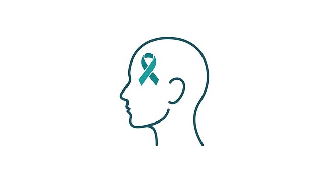 Outline icon of a human head in profile with a teal awareness ribbon representing mental health and neurological conditions