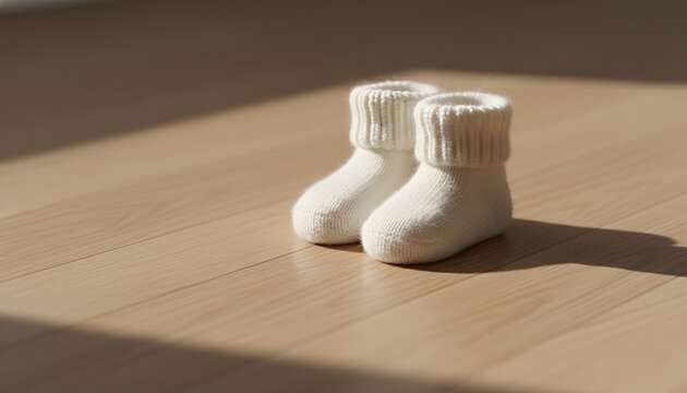Pair of soft white knitted baby socks resting on a warm wooden floor illuminated by bright sunlight for a newborn family hope concept with morning light shadows