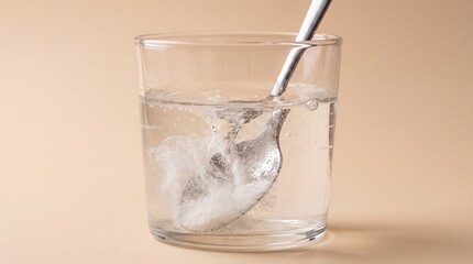 Fototapeta premium A close up view of a metal spoon stirring white powder into a clear glass of water, ad social media download thambnail poster web template event festival 2026 2027 2028