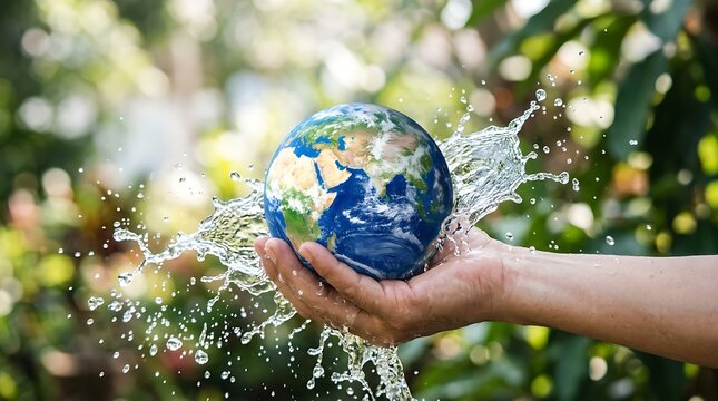 A small globe of the world held in hands with splashing water drops against a blurry green forest background