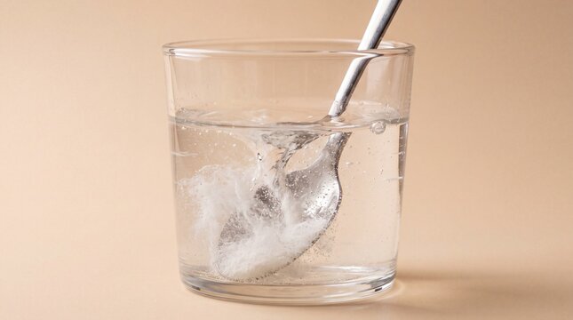 A close up view of a metal spoon stirring white powder into a clear glass of water, ad social media download thambnail poster web template event festival 2026 2027 2028