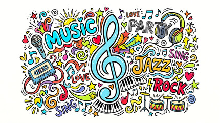 Fototapeta premium Colorful music doodle background. Hand drawn treble clef with musical instruments and notes.