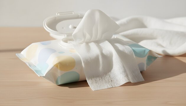 Open baby wipes pack with pulled tissue resting on a wooden table for daily personal hygiene and gentle skin care concept in a bright home setting