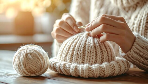 生成り色のニット帽を輪針で編み上げる女性の手元 毛糸玉を添えて