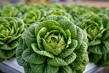 Fototapeta premium Fresh green lettuce head growing in modern hydroponic greenhouse farm