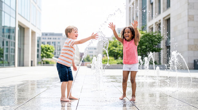 Two children laughing and playing in urban fountain during joyful summer city outing