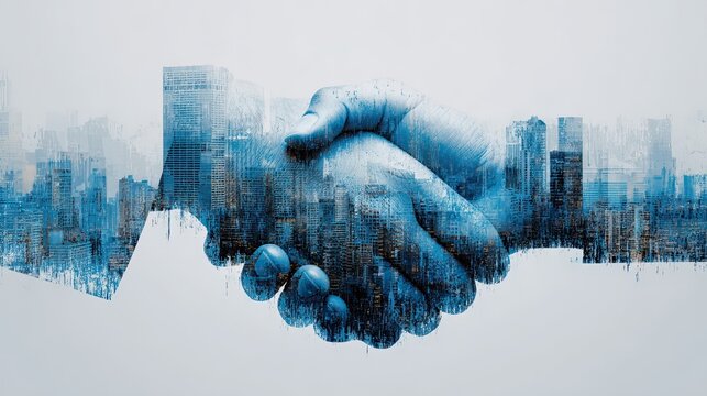 Double exposure handshake with city skyscrapers, blue textured art, business cooperation urban development partnership illustration