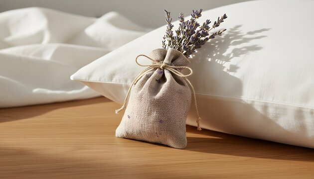 A natural linen burlap bag of lavender by pillow resting on wooden bedside table in sunny bedroom for healthy sleep aid and herbal aromatherapy relaxation concept