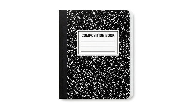 Black and white composition notebook. Classic marble pattern school journal on white background.