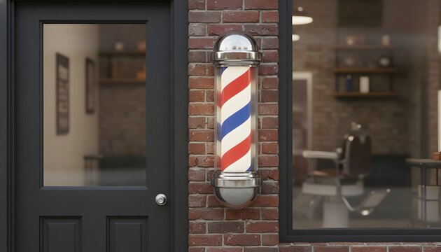 Classic barbershop pole mounted outside next to a black door on a brick wall for traditional male grooming business concept