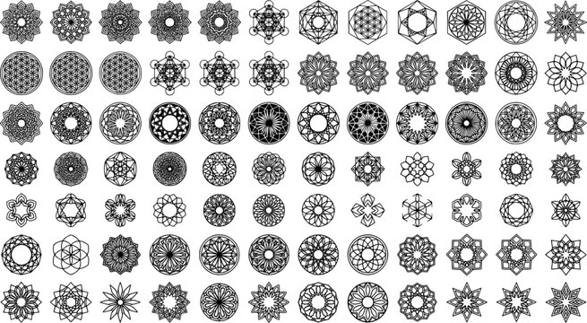 A set of black and white geometric mandala icons, sacred geometry symbols, and linear floral ornaments isolated on a white background for laser cutting, tattoos, and logo design.