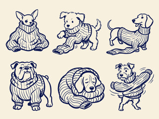 Obraz premium Cute hand-drawn illustrations of dogs in cozy sweaters, showcasing a variety of breeds enjoying winter comfort